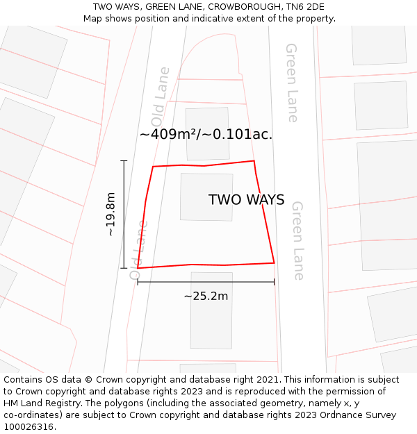 TWO WAYS, GREEN LANE, CROWBOROUGH, TN6 2DE: Plot and title map