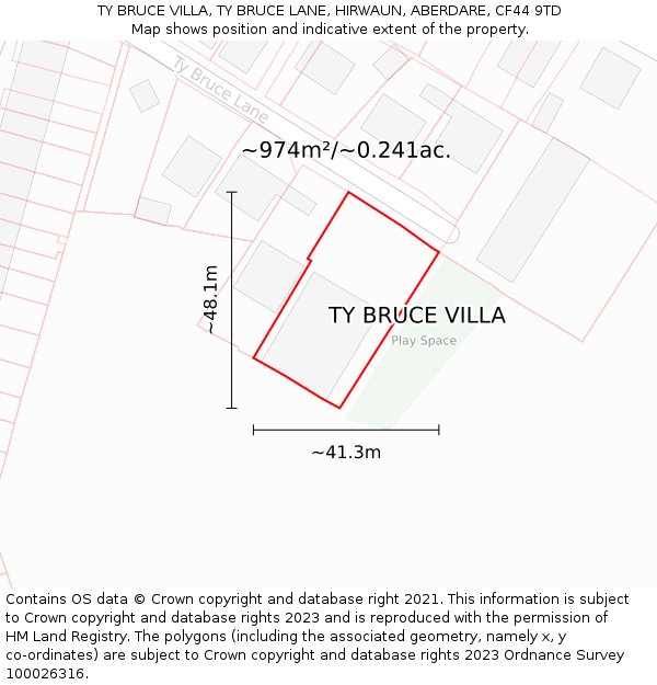 TY BRUCE VILLA, TY BRUCE LANE, HIRWAUN, ABERDARE, CF44 9TD: Plot and title map