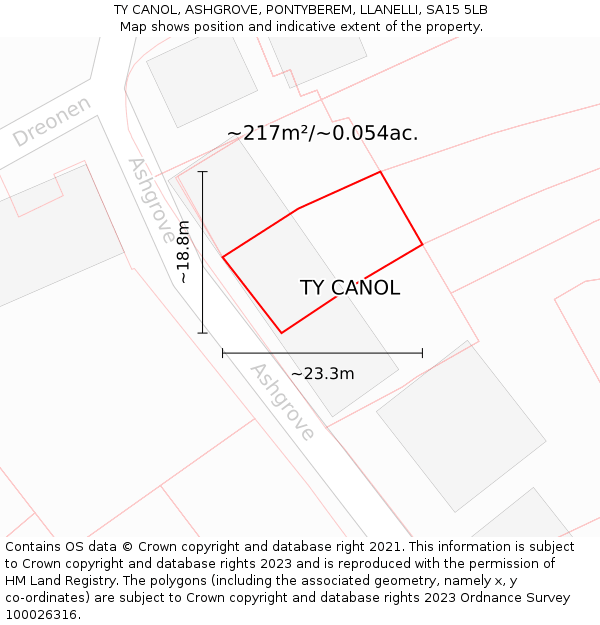 TY CANOL, ASHGROVE, PONTYBEREM, LLANELLI, SA15 5LB: Plot and title map