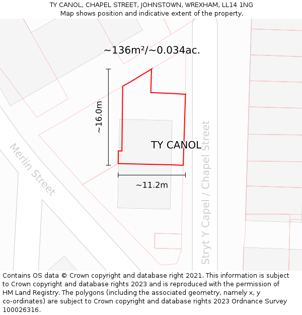 TY CANOL, CHAPEL STREET, JOHNSTOWN, WREXHAM, LL14 1NG: Plot and title map