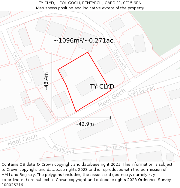 TY CLYD, HEOL GOCH, PENTYRCH, CARDIFF, CF15 9PN: Plot and title map