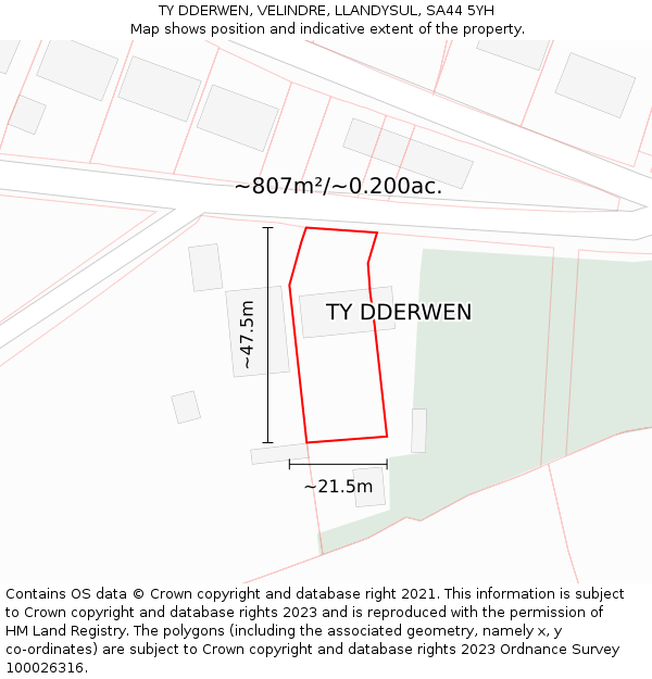 TY DDERWEN, VELINDRE, LLANDYSUL, SA44 5YH: Plot and title map