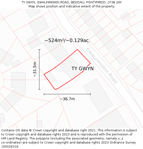 TY GWYN, GWAUNMISKIN ROAD, BEDDAU, PONTYPRIDD, CF38 2AY: Plot and title map