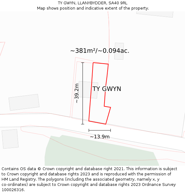 TY GWYN, LLANYBYDDER, SA40 9RL: Plot and title map