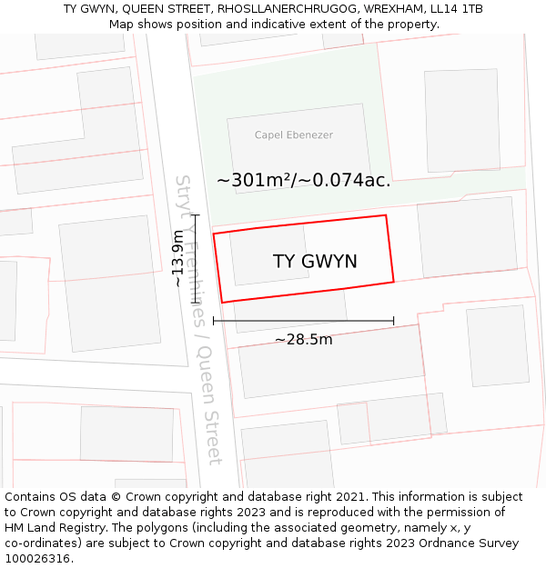 TY GWYN, QUEEN STREET, RHOSLLANERCHRUGOG, WREXHAM, LL14 1TB: Plot and title map