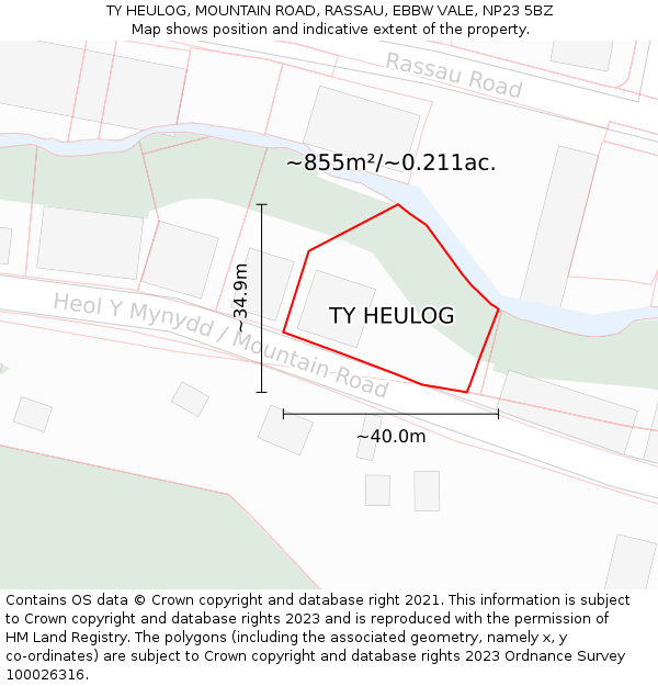 TY HEULOG, MOUNTAIN ROAD, RASSAU, EBBW VALE, NP23 5BZ: Plot and title map