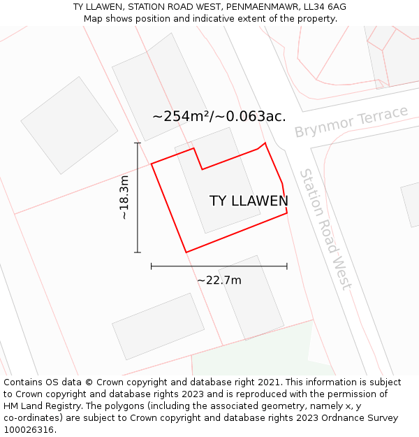 TY LLAWEN, STATION ROAD WEST, PENMAENMAWR, LL34 6AG: Plot and title map