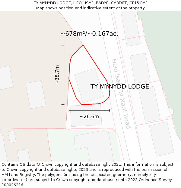 TY MYNYDD LODGE, HEOL ISAF, RADYR, CARDIFF, CF15 8AF: Plot and title map