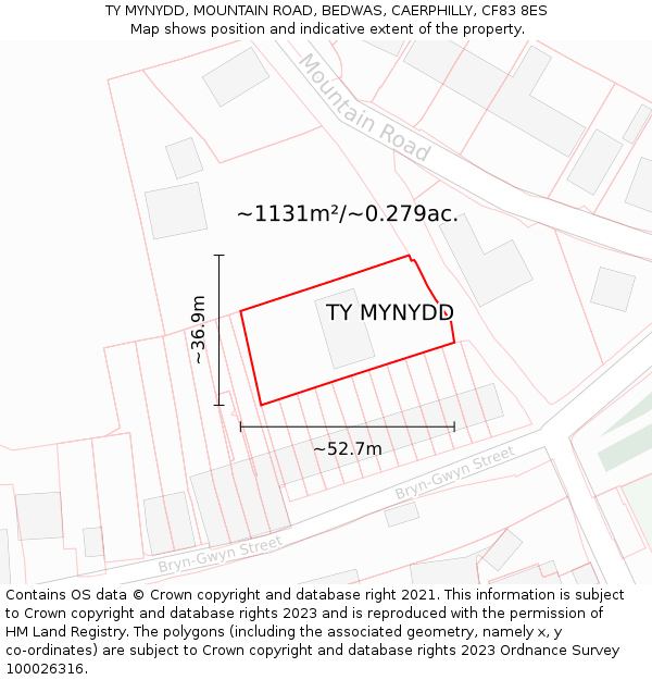 TY MYNYDD, MOUNTAIN ROAD, BEDWAS, CAERPHILLY, CF83 8ES: Plot and title map