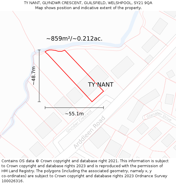 TY NANT, GLYNDWR CRESCENT, GUILSFIELD, WELSHPOOL, SY21 9QA: Plot and title map