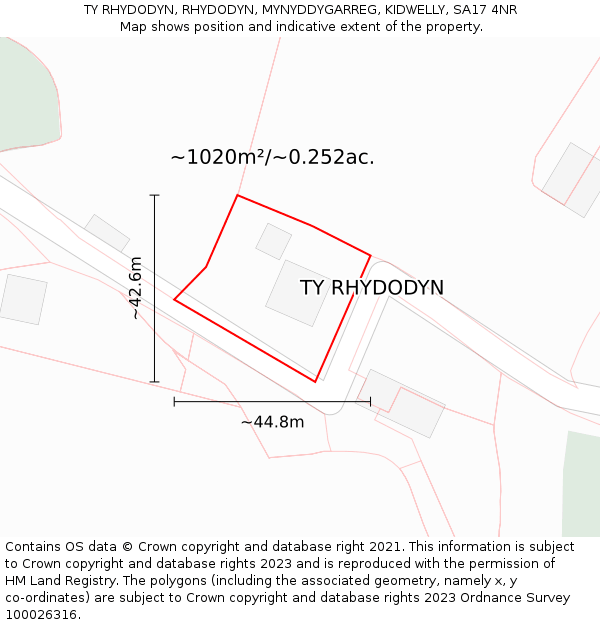 TY RHYDODYN, RHYDODYN, MYNYDDYGARREG, KIDWELLY, SA17 4NR: Plot and title map