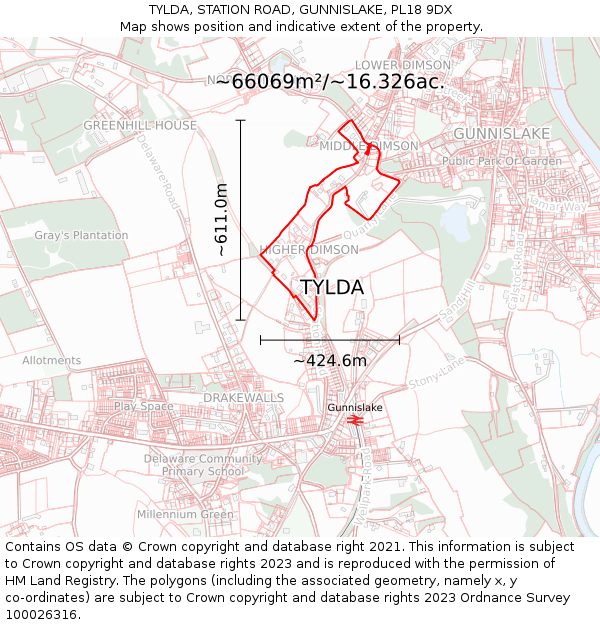 TYLDA, STATION ROAD, GUNNISLAKE, PL18 9DX: Plot and title map