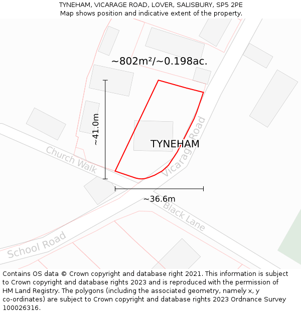 TYNEHAM, VICARAGE ROAD, LOVER, SALISBURY, SP5 2PE: Plot and title map