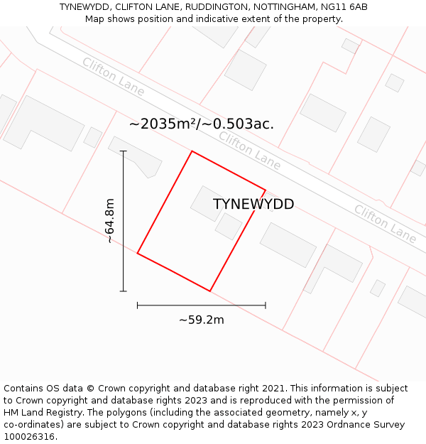 TYNEWYDD, CLIFTON LANE, RUDDINGTON, NOTTINGHAM, NG11 6AB: Plot and title map