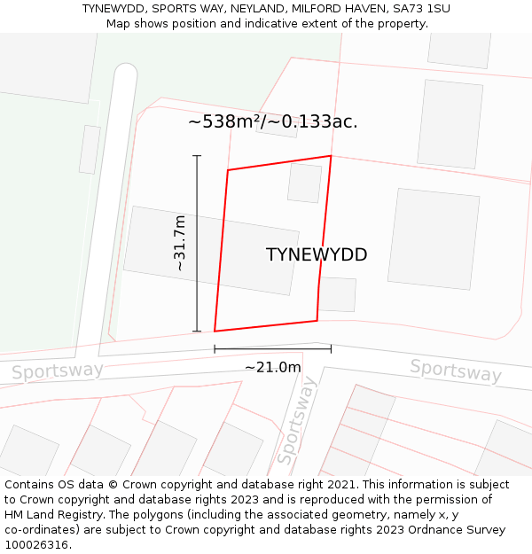 TYNEWYDD, SPORTS WAY, NEYLAND, MILFORD HAVEN, SA73 1SU: Plot and title map