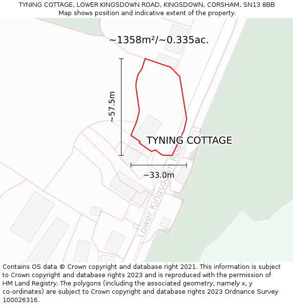 TYNING COTTAGE, LOWER KINGSDOWN ROAD, KINGSDOWN, CORSHAM, SN13 8BB: Plot and title map