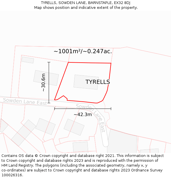 TYRELLS, SOWDEN LANE, BARNSTAPLE, EX32 8DJ: Plot and title map