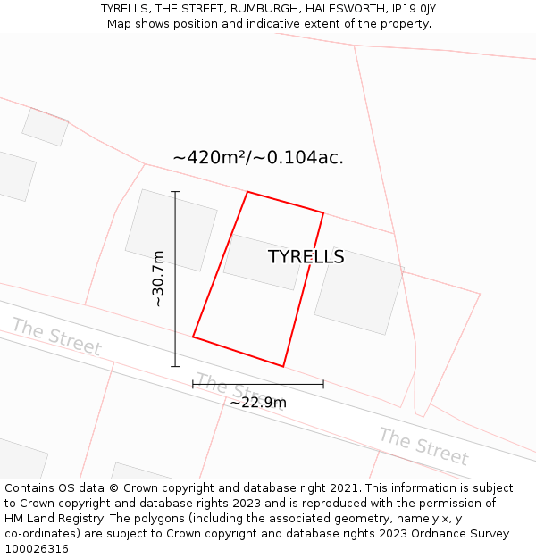 TYRELLS, THE STREET, RUMBURGH, HALESWORTH, IP19 0JY: Plot and title map