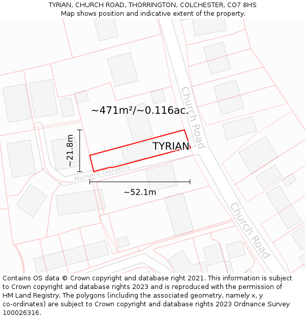 TYRIAN, CHURCH ROAD, THORRINGTON, COLCHESTER, CO7 8HS: Plot and title map