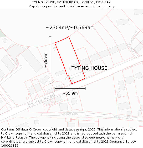 TYTING HOUSE, EXETER ROAD, HONITON, EX14 1AX: Plot and title map