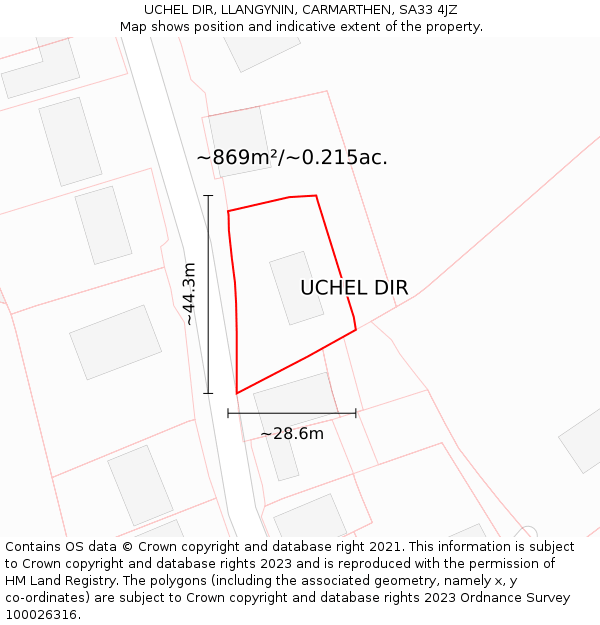 UCHEL DIR, LLANGYNIN, CARMARTHEN, SA33 4JZ: Plot and title map