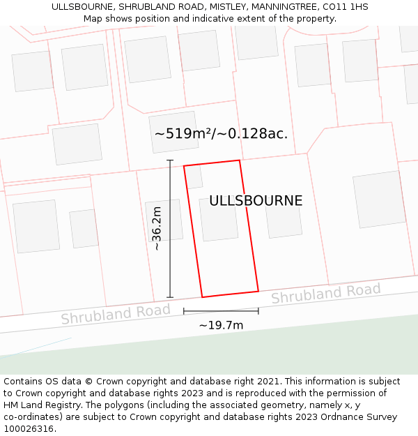 ULLSBOURNE, SHRUBLAND ROAD, MISTLEY, MANNINGTREE, CO11 1HS: Plot and title map