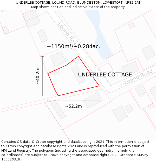 UNDERLEE COTTAGE, LOUND ROAD, BLUNDESTON, LOWESTOFT, NR32 5AT: Plot and title map