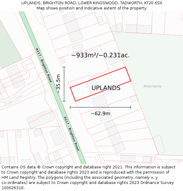 UPLANDS, BRIGHTON ROAD, LOWER KINGSWOOD, TADWORTH, KT20 6SX: Plot and title map