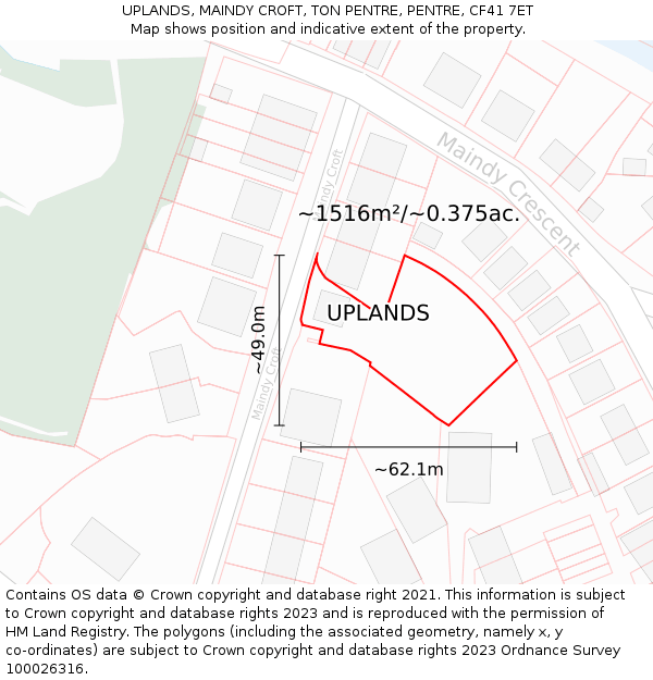 UPLANDS, MAINDY CROFT, TON PENTRE, PENTRE, CF41 7ET: Plot and title map