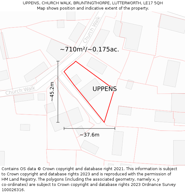 UPPENS, CHURCH WALK, BRUNTINGTHORPE, LUTTERWORTH, LE17 5QH: Plot and title map