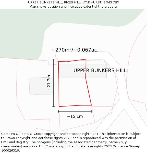 UPPER BUNKERS HILL, PIKES HILL, LYNDHURST, SO43 7BX: Plot and title map