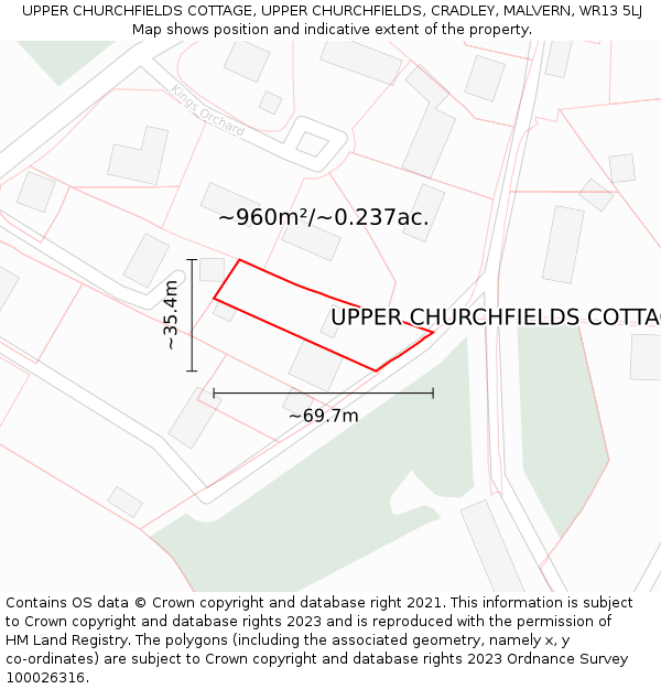 UPPER CHURCHFIELDS COTTAGE, UPPER CHURCHFIELDS, CRADLEY, MALVERN, WR13 5LJ: Plot and title map
