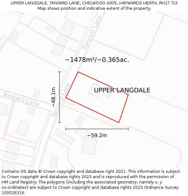 UPPER LANGDALE, TANYARD LANE, CHELWOOD GATE, HAYWARDS HEATH, RH17 7LY: Plot and title map