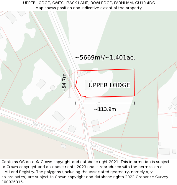 UPPER LODGE, SWITCHBACK LANE, ROWLEDGE, FARNHAM, GU10 4DS: Plot and title map