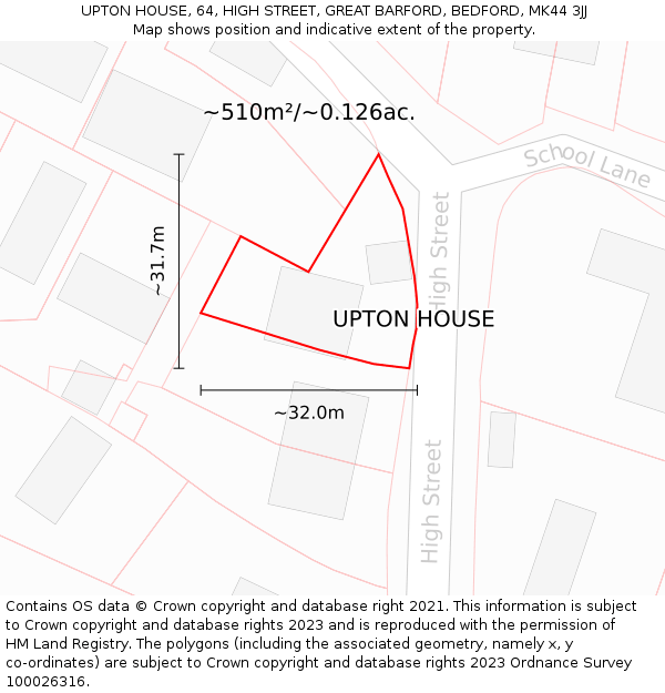 UPTON HOUSE, 64, HIGH STREET, GREAT BARFORD, BEDFORD, MK44 3JJ: Plot and title map