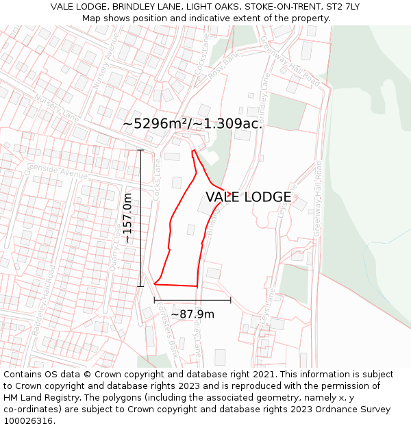 VALE LODGE, BRINDLEY LANE, LIGHT OAKS, STOKE-ON-TRENT, ST2 7LY: Plot and title map