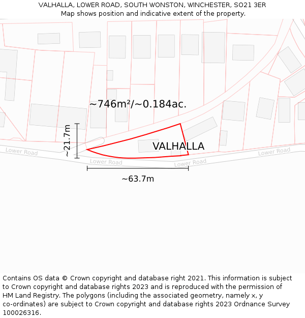 VALHALLA, LOWER ROAD, SOUTH WONSTON, WINCHESTER, SO21 3ER: Plot and title map