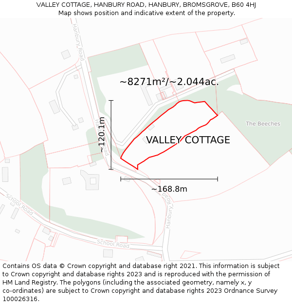 VALLEY COTTAGE, HANBURY ROAD, HANBURY, BROMSGROVE, B60 4HJ: Plot and title map