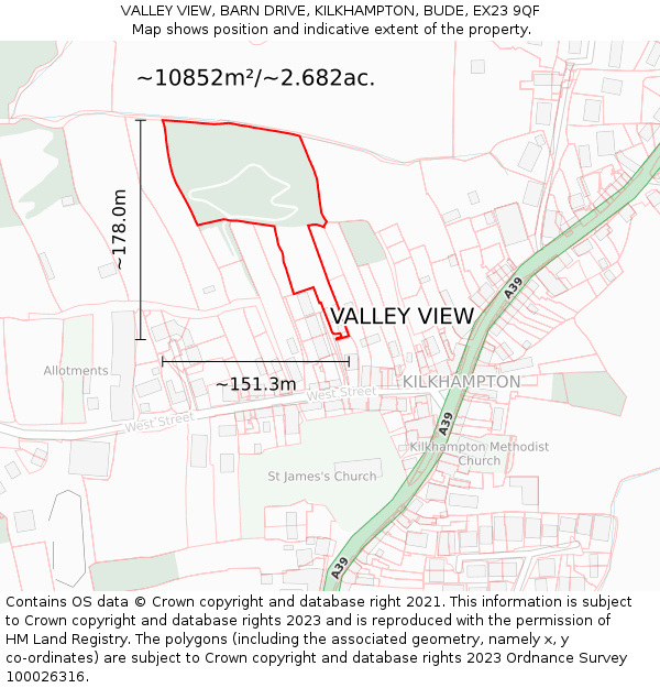 VALLEY VIEW, BARN DRIVE, KILKHAMPTON, BUDE, EX23 9QF: Plot and title map