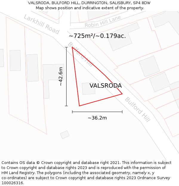 VALSRODA, BULFORD HILL, DURRINGTON, SALISBURY, SP4 8DW: Plot and title map