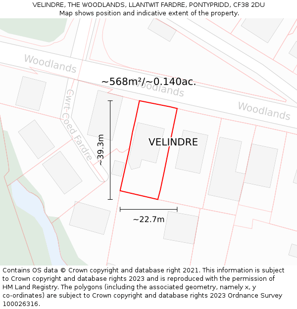 VELINDRE, THE WOODLANDS, LLANTWIT FARDRE, PONTYPRIDD, CF38 2DU: Plot and title map