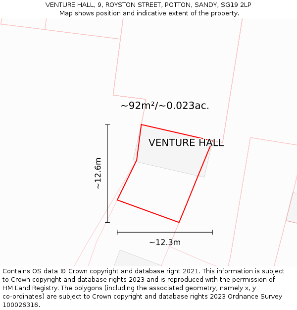 VENTURE HALL, 9, ROYSTON STREET, POTTON, SANDY, SG19 2LP: Plot and title map