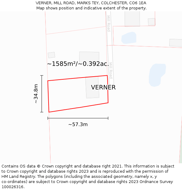 VERNER, MILL ROAD, MARKS TEY, COLCHESTER, CO6 1EA: Plot and title map