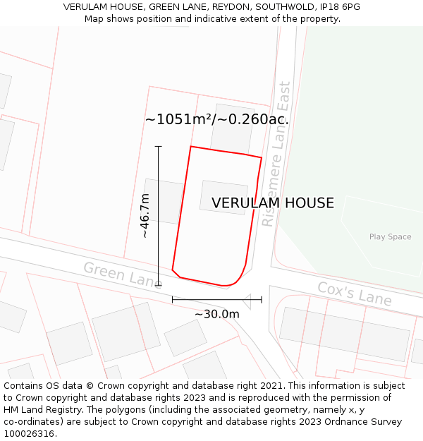 VERULAM HOUSE, GREEN LANE, REYDON, SOUTHWOLD, IP18 6PG: Plot and title map