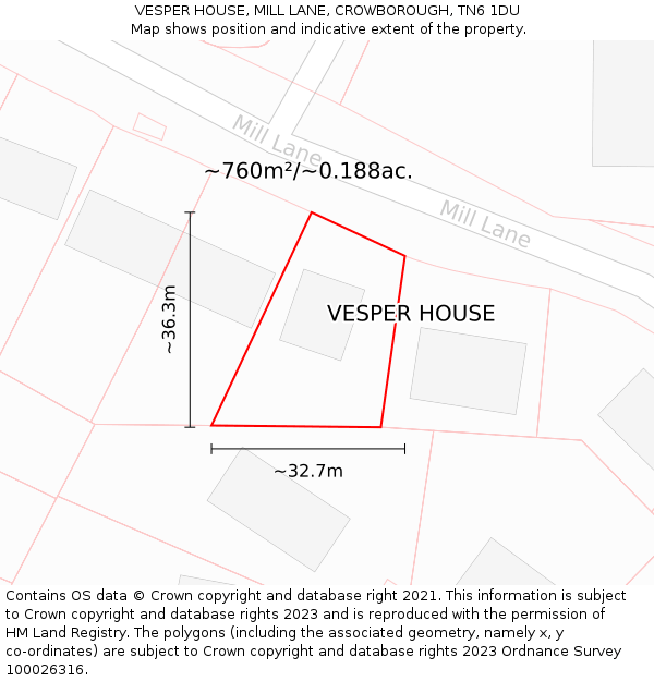 VESPER HOUSE, MILL LANE, CROWBOROUGH, TN6 1DU: Plot and title map