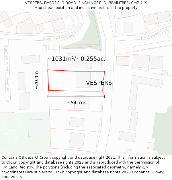 VESPERS, BARDFIELD ROAD, FINCHINGFIELD, BRAINTREE, CM7 4LX: Plot and title map