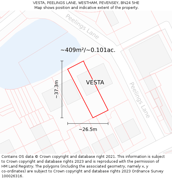 VESTA, PEELINGS LANE, WESTHAM, PEVENSEY, BN24 5HE: Plot and title map