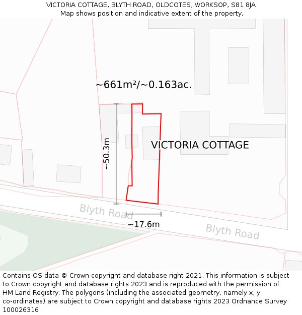 VICTORIA COTTAGE, BLYTH ROAD, OLDCOTES, WORKSOP, S81 8JA: Plot and title map