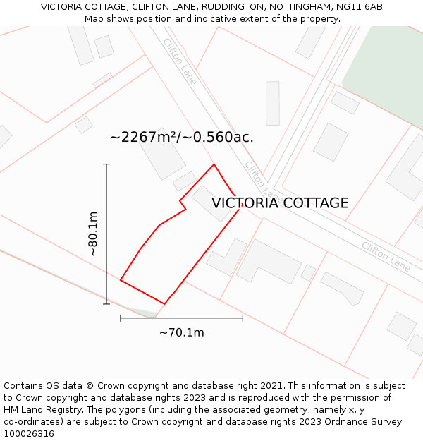 VICTORIA COTTAGE, CLIFTON LANE, RUDDINGTON, NOTTINGHAM, NG11 6AB: Plot and title map