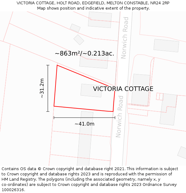 VICTORIA COTTAGE, HOLT ROAD, EDGEFIELD, MELTON CONSTABLE, NR24 2RP: Plot and title map